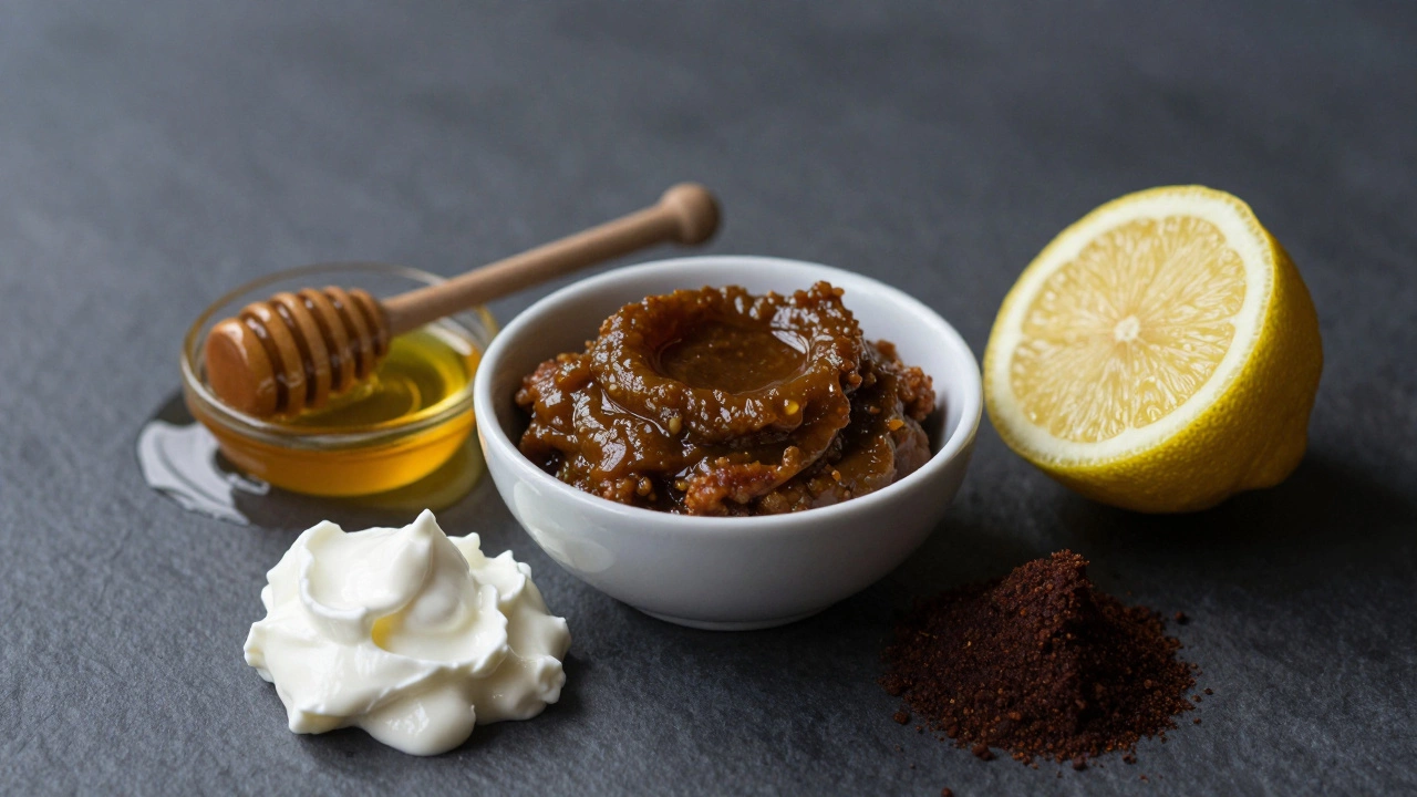 A bowl of chutney surrounded by lemon, honey, jaggery, and yogurt.