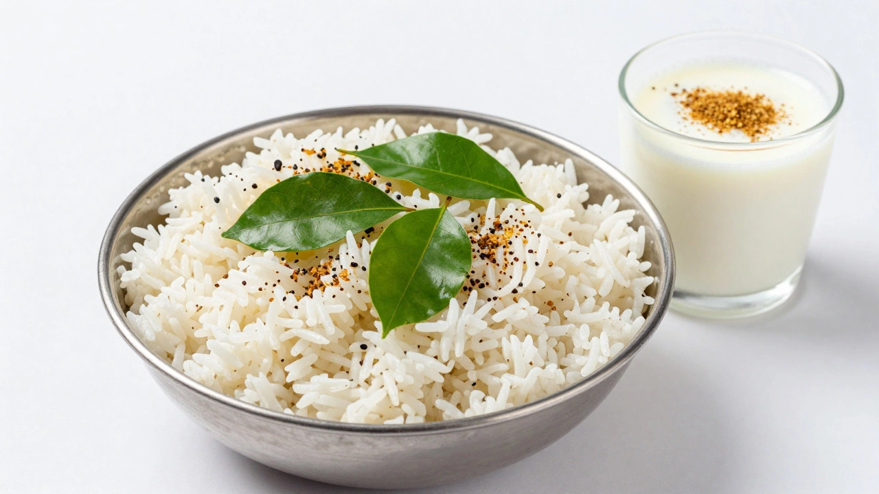 A bowl of creamy curd rice with mustard seeds and a glass of spiced buttermilk.