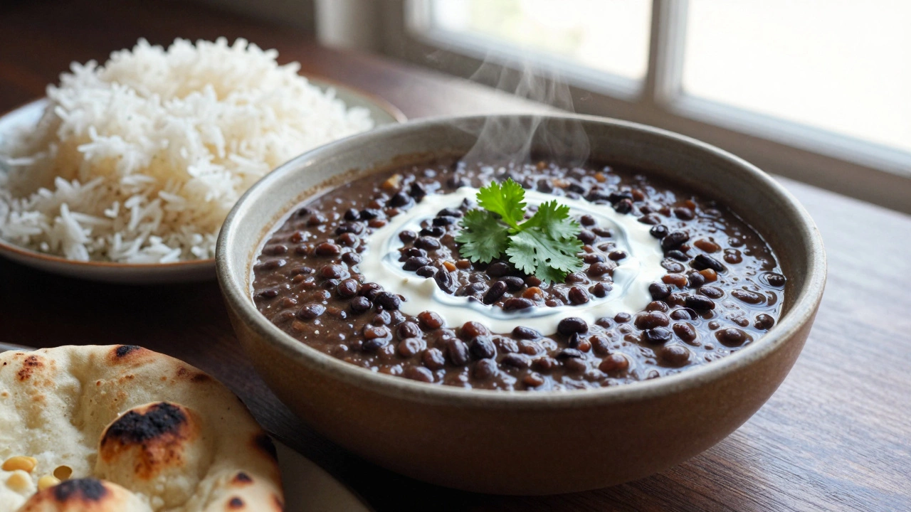 A bowl of creamy Dal Makhani served with basmati rice and naan.