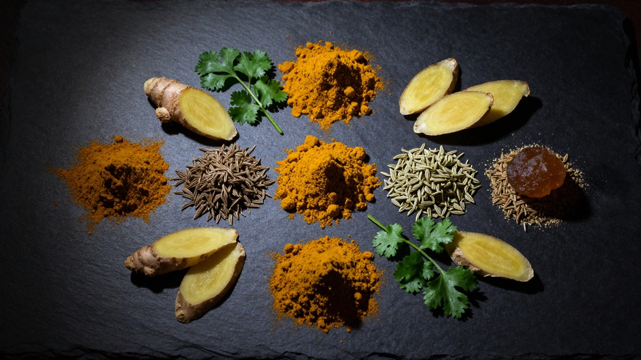 A flat-lay arrangement of turmeric, cumin, fennel, ginger, and coriander on slate.