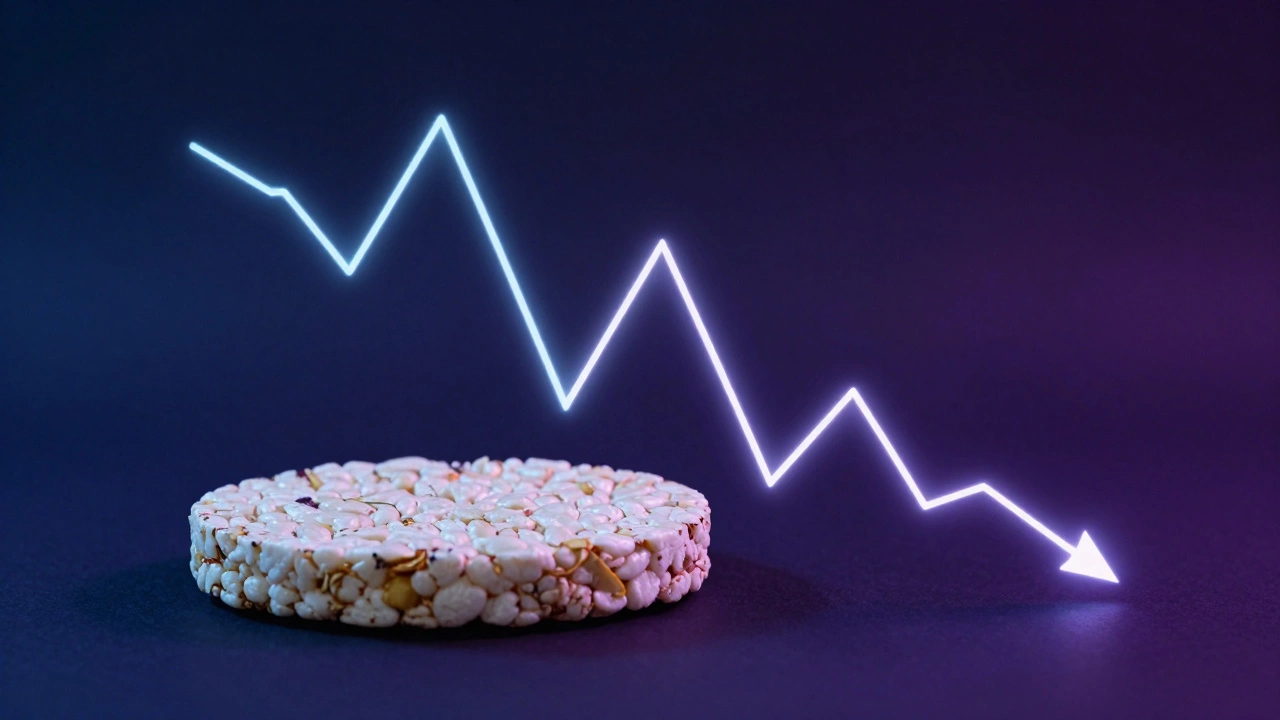 A rice cake with a glowing neon line showing a sharp spike and drop in blood sugar.