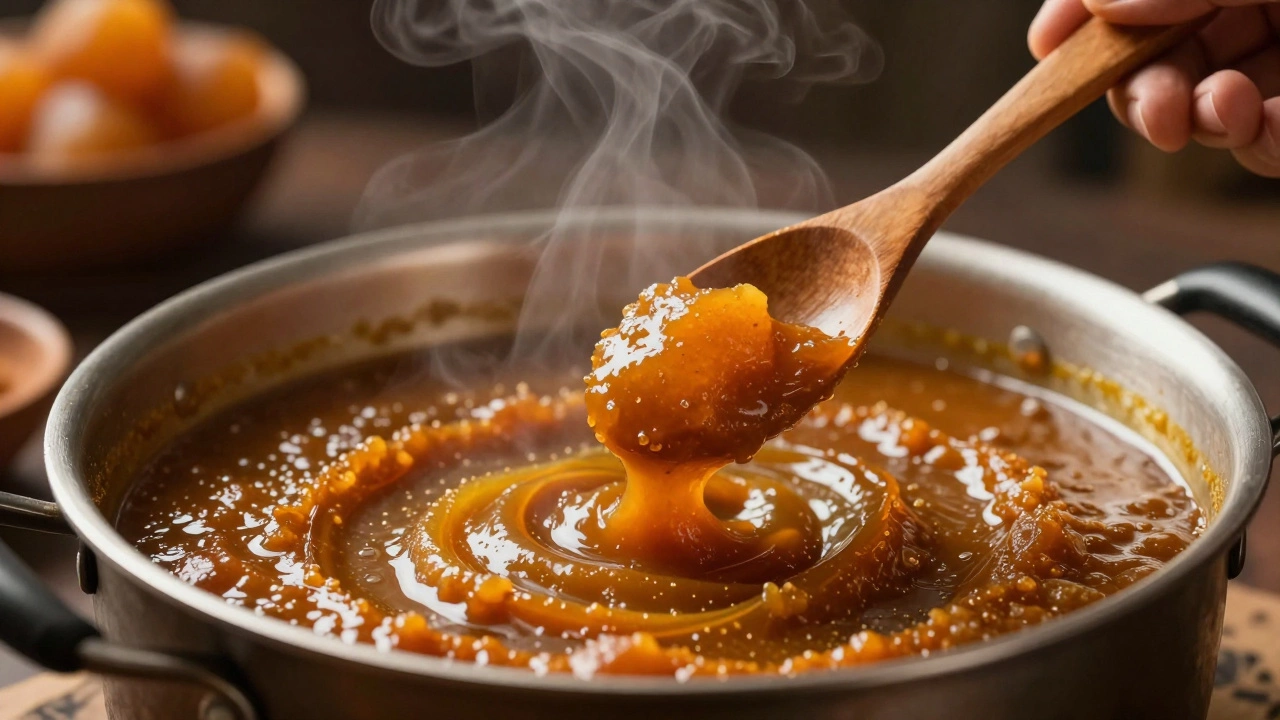 Adding jaggery and tamarind paste to a simmering pot of chutney