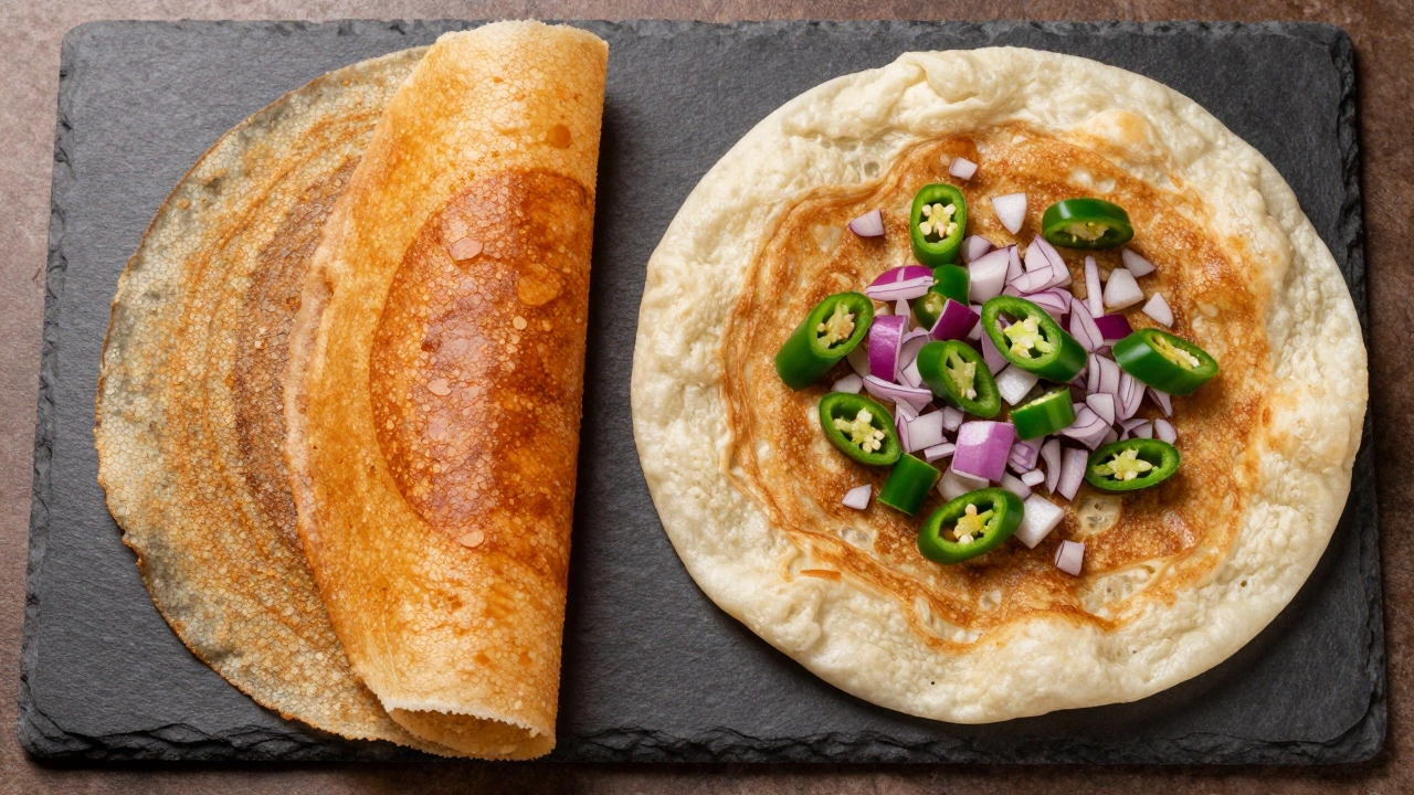 Comparison of a thin crispy dosa and a thick fluffy dosa