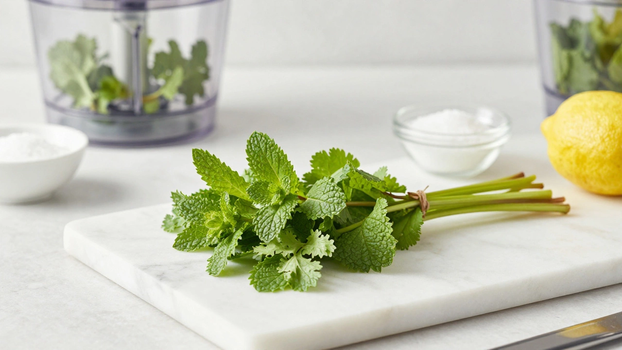 Fresh mint and cilantro leaves separated from stems on a marble board