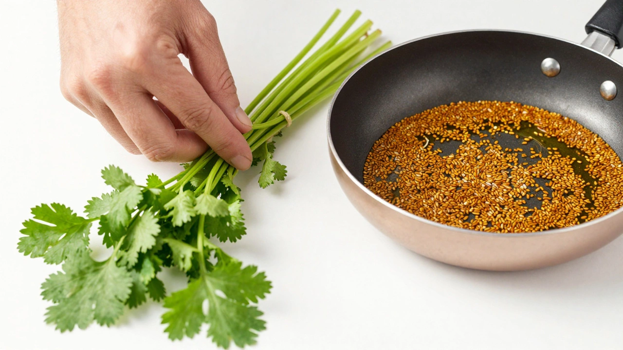 Hands trimming fresh coriander leaves and tempering cumin seeds.