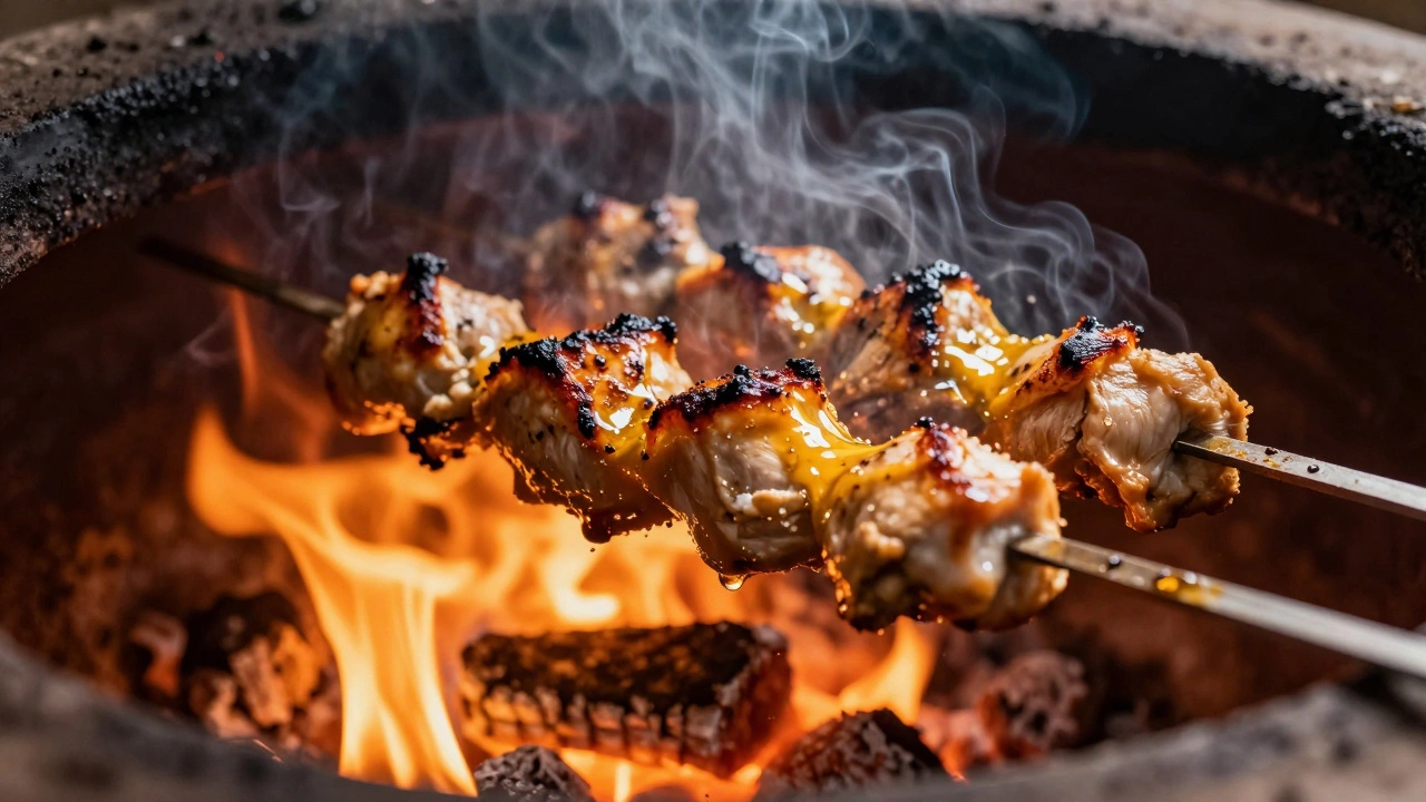 Marinated chicken skewers charring over the high heat of a traditional tandoor oven