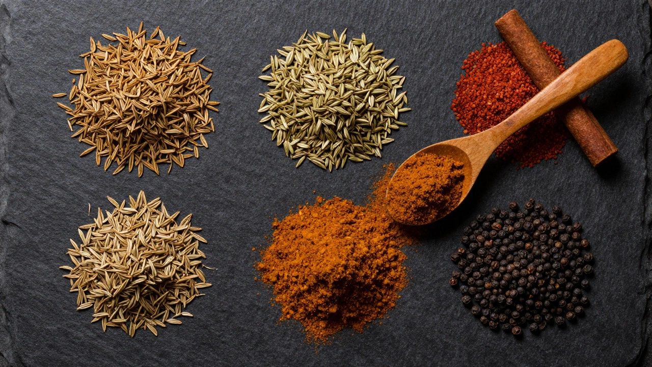 Neat piles of ground cumin, coriander, cinnamon, and black pepper on a dark slate background.