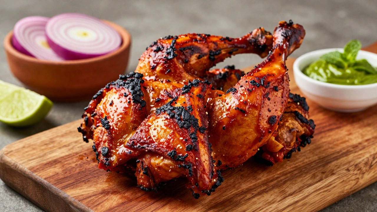 Platter of cooked tandoori chicken with charred edges served with onions and chutney