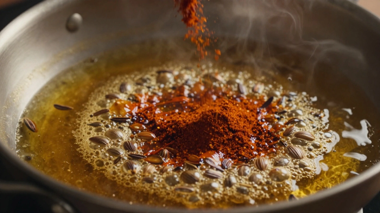 Sizzling cumin seeds and chili powder in hot ghee for a tadka tempering.