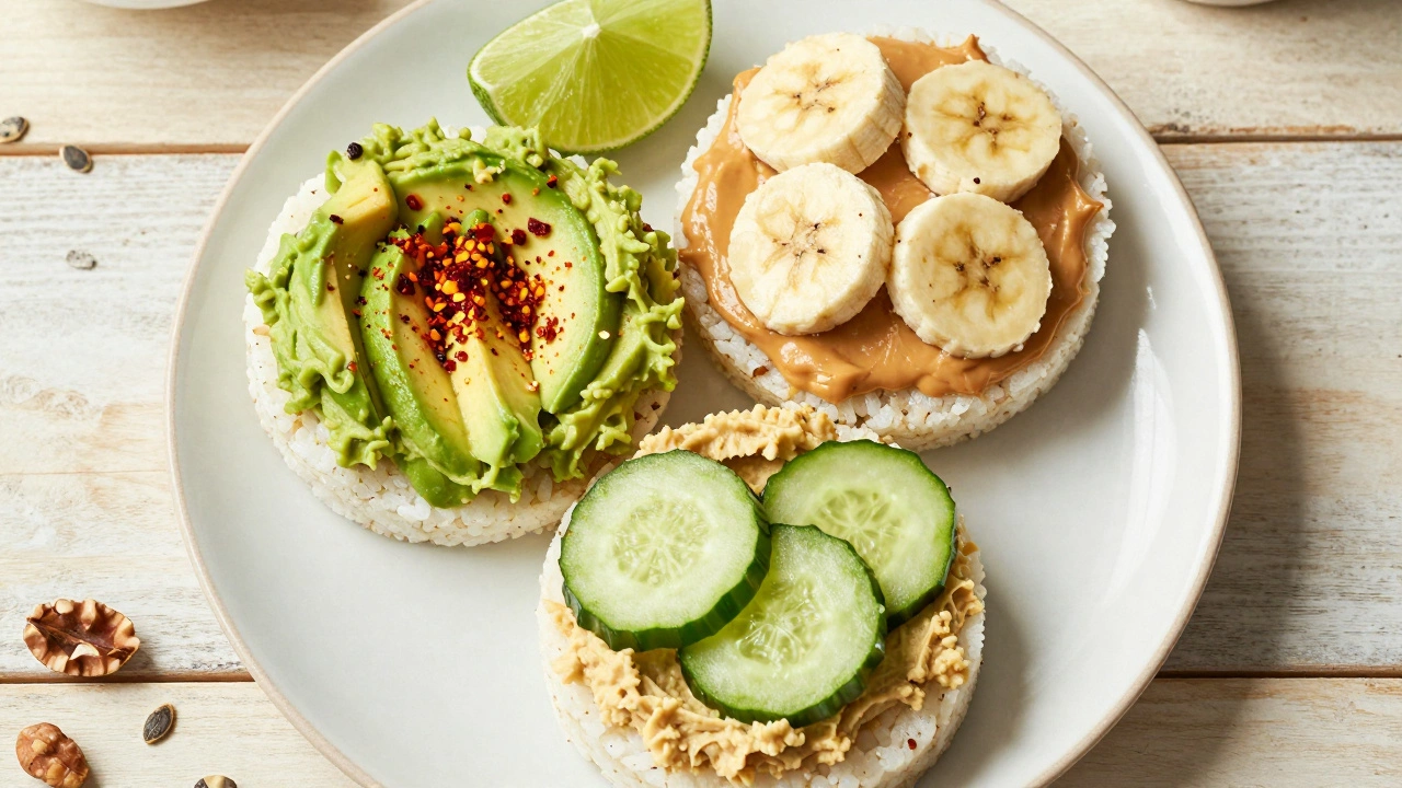 Three rice cakes topped with avocado, almond butter, and hummus on a wooden table.