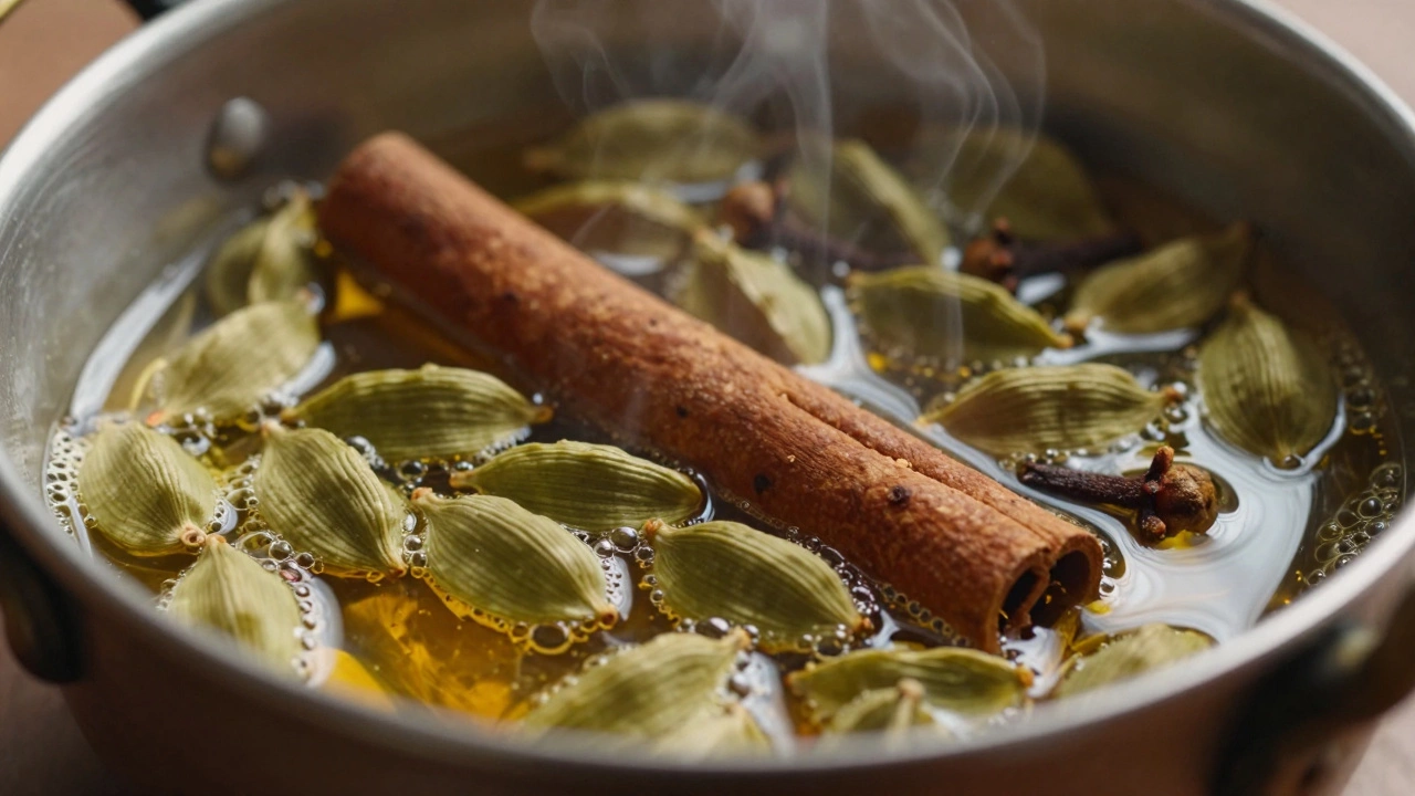 Whole cinnamon, cardamom, and cloves sizzling in golden ghee inside a cooking pot.