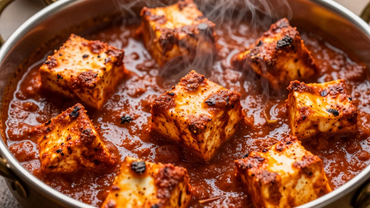 Close-up of paneer cubes in spicy masala gravy, highlighting non-melting texture and rich colors.
