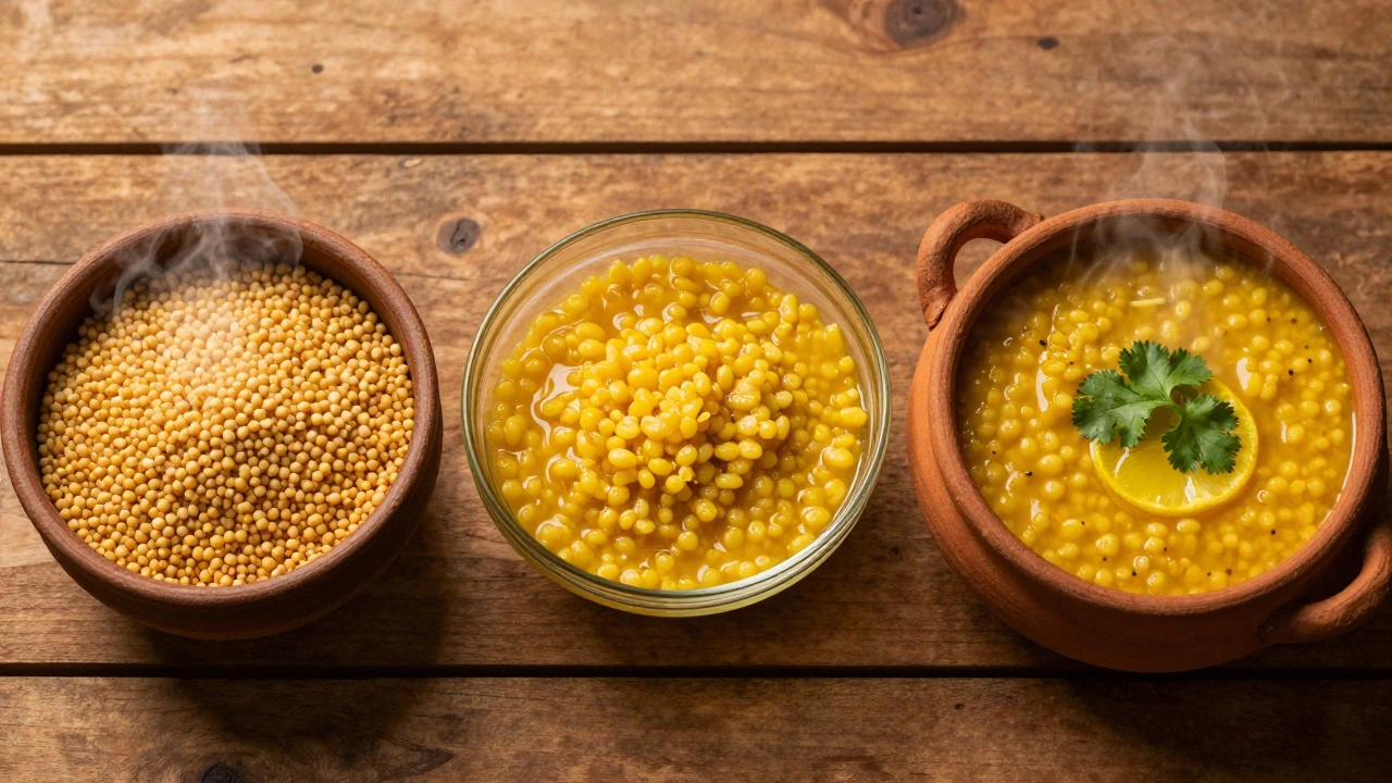 Comparison of dry, soaked, and cooked dal on a rustic wooden table