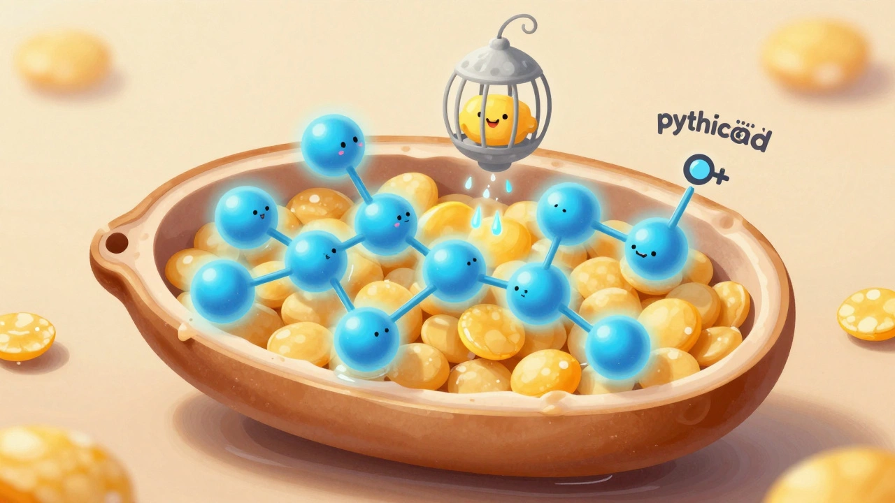Conceptual art showing enzymes breaking down compounds inside a lentil