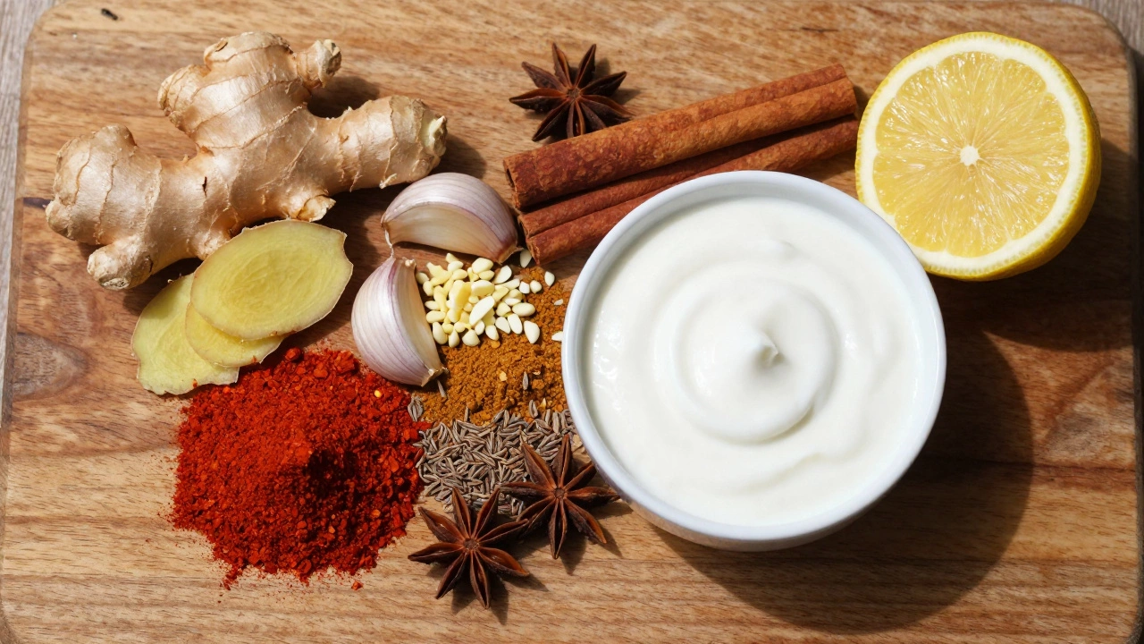 Fresh spices, ginger, garlic, and yogurt arranged for tandoori marinade.