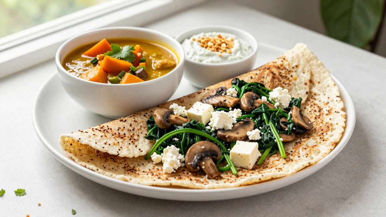 Healthy multigrain dosa topped with vegetables and paneer