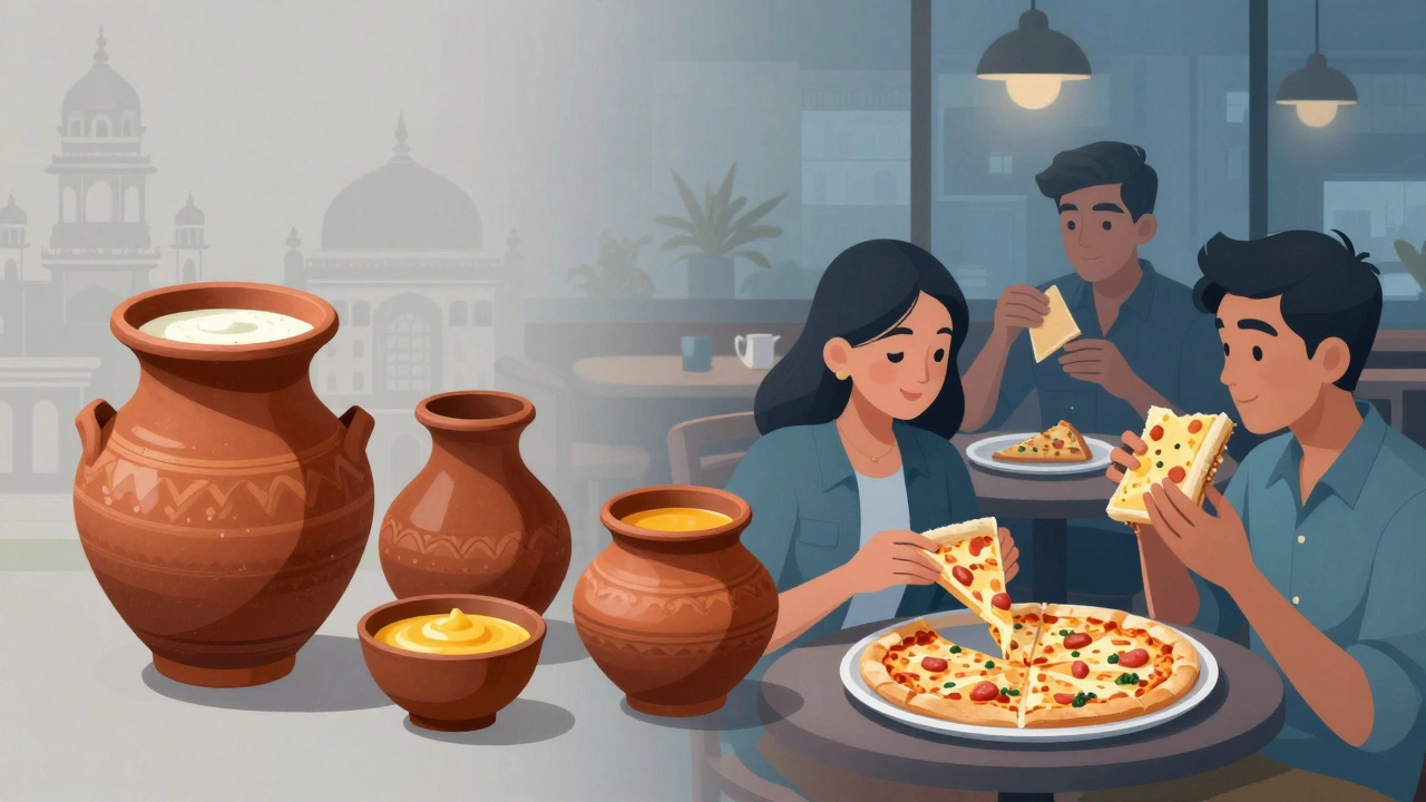 Illustration blending traditional Indian dairy with modern urban youth eating pizza and cheese.