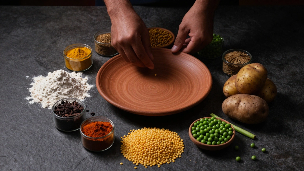 Ingredients for Indian cooking arranged around an empty plate