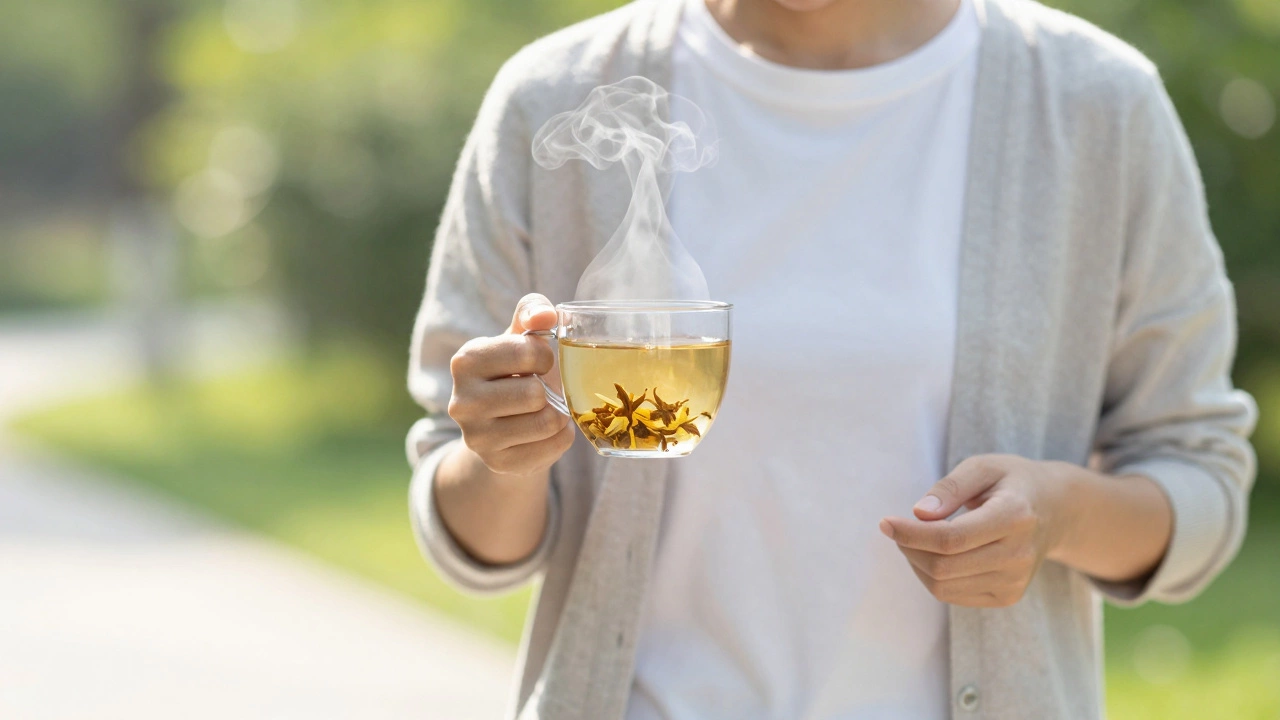Person walking outside holding herbal tea for digestion