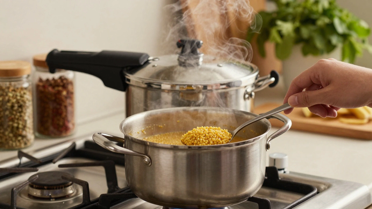 Pressure cooker on stove and hand testing dal texture with a spoon.