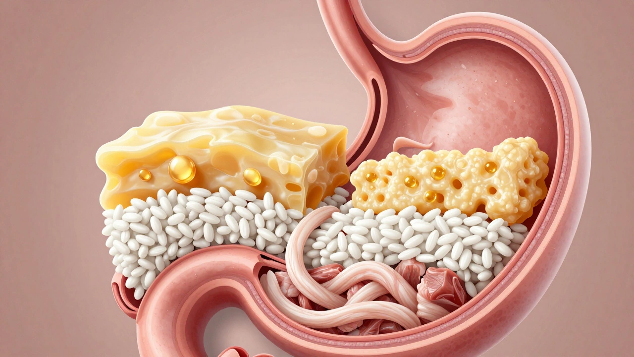 Scientific diagram of stomach digesting fat, rice, and meat