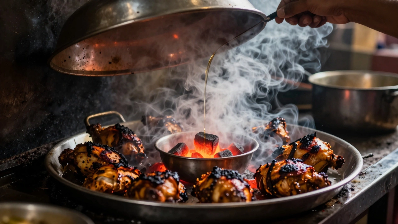 Smoke rising from hot charcoal embers used to flavor tandoori chicken.