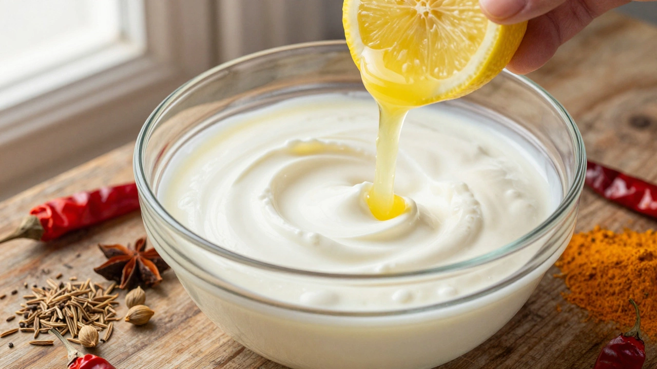 Sour cream being thinned with milk and lemon for marinade