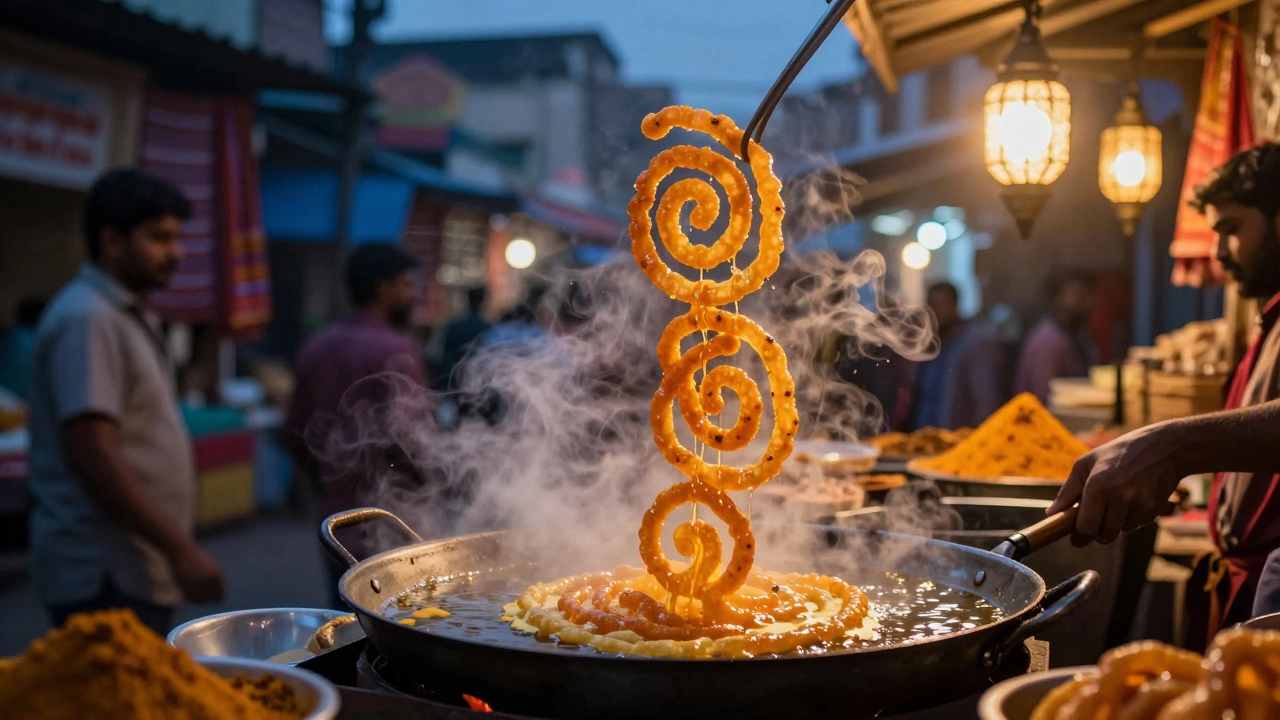 Street vendor frying fresh spiral Jalebi in hot oil at dusk