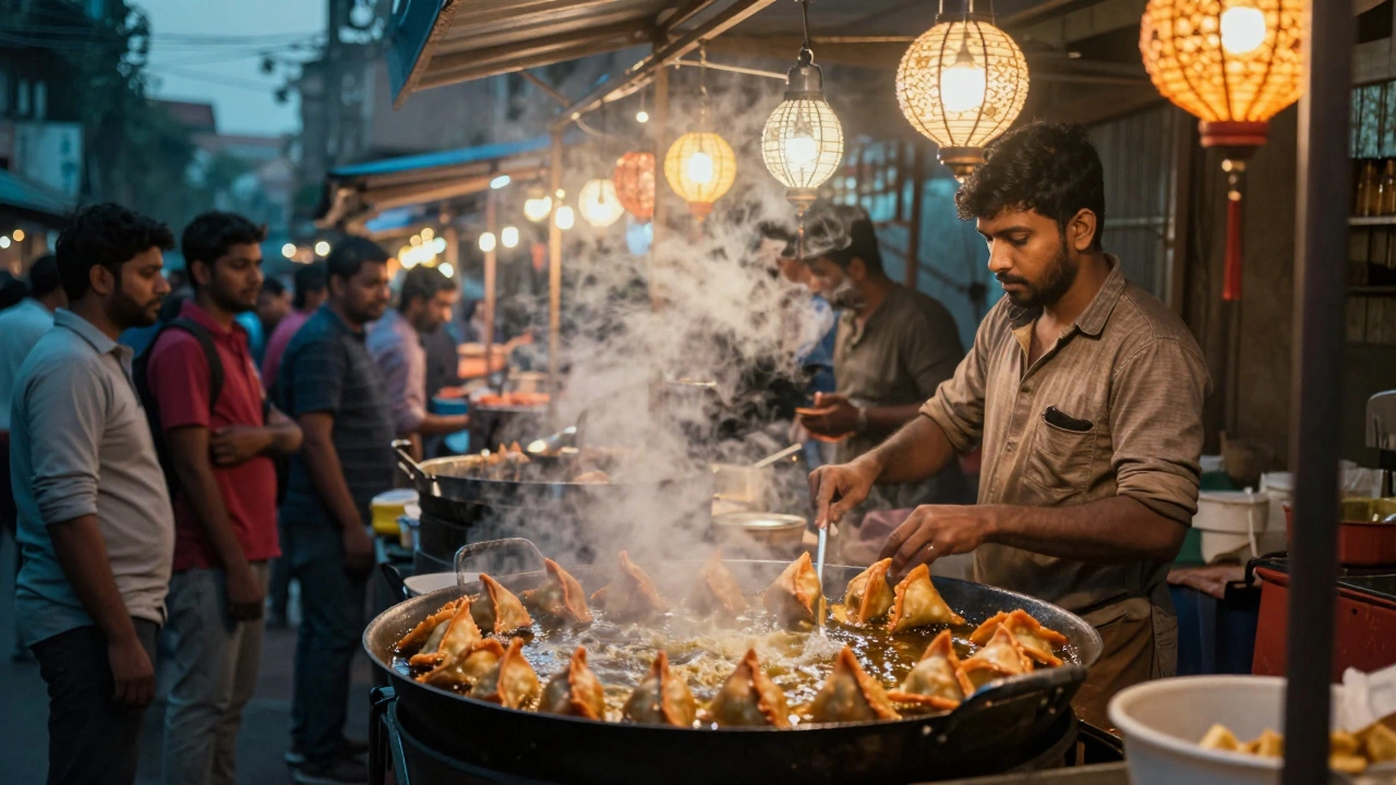 Street vendor frying samosas in oil at night market