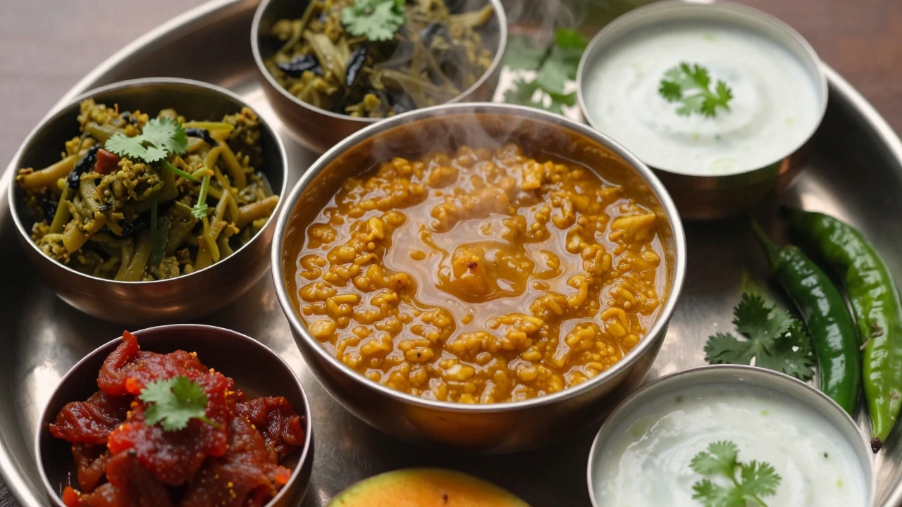 Traditional Indian thali with dal, sabzi, raita, and pickle