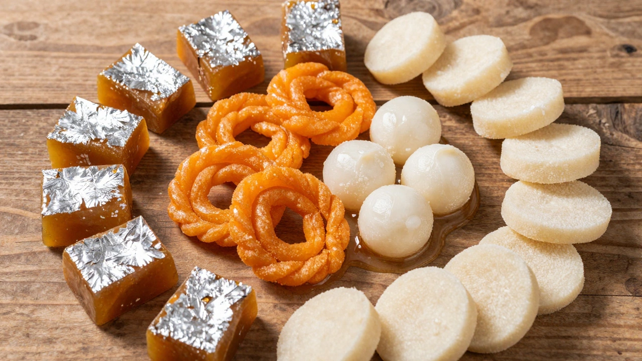 Variety of Indian sweets including Jalebi, Rasgulla, and Kaju Katli