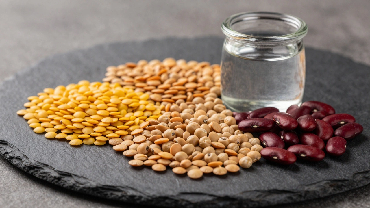 Variety of raw Indian lentils like Moong and Chana on a dark slate.