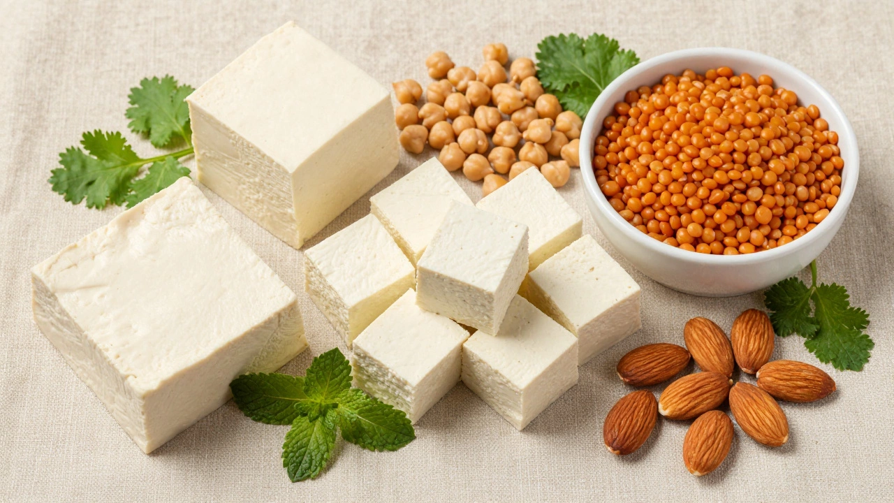Variety of vegetarian proteins including paneer, tofu, and lentils