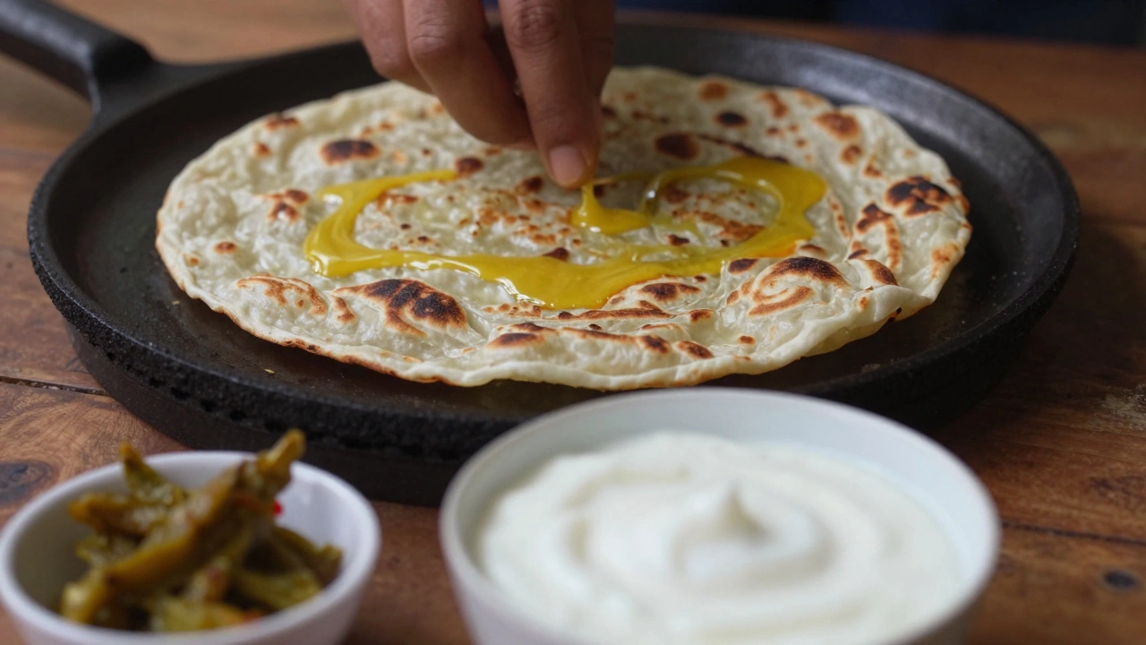 Aloo paratha cooking on a griddle with yogurt and pickle on the side