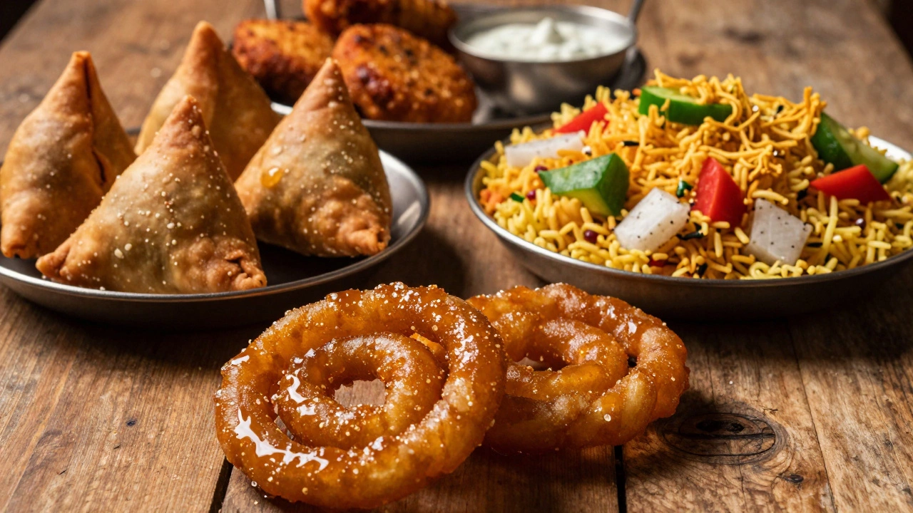 Assortment of Indian street snacks including Jalebi and Samosa