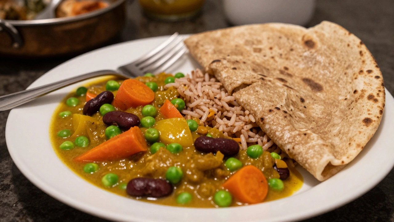 Balanced plate with mix veg curry, brown rice, and roti
