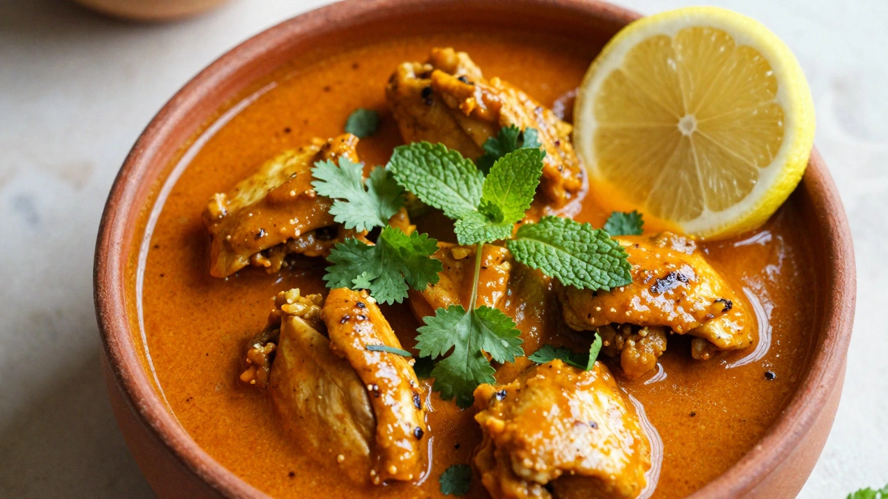 Bowl of rich chicken curry garnished with fresh cilantro and lemon