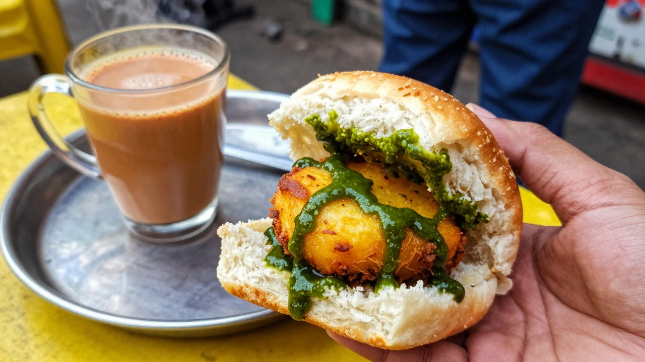 Close up of Vada Pav sandwich and a glass of masala chai