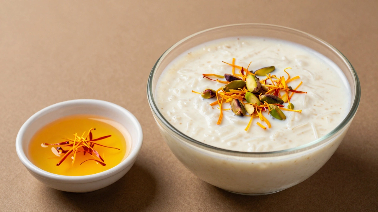 Creamy kheer pudding with saffron and pistachios