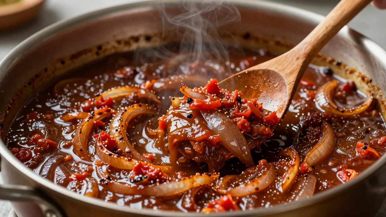 Deep brown caramelized onion and tomato curry base in a pot