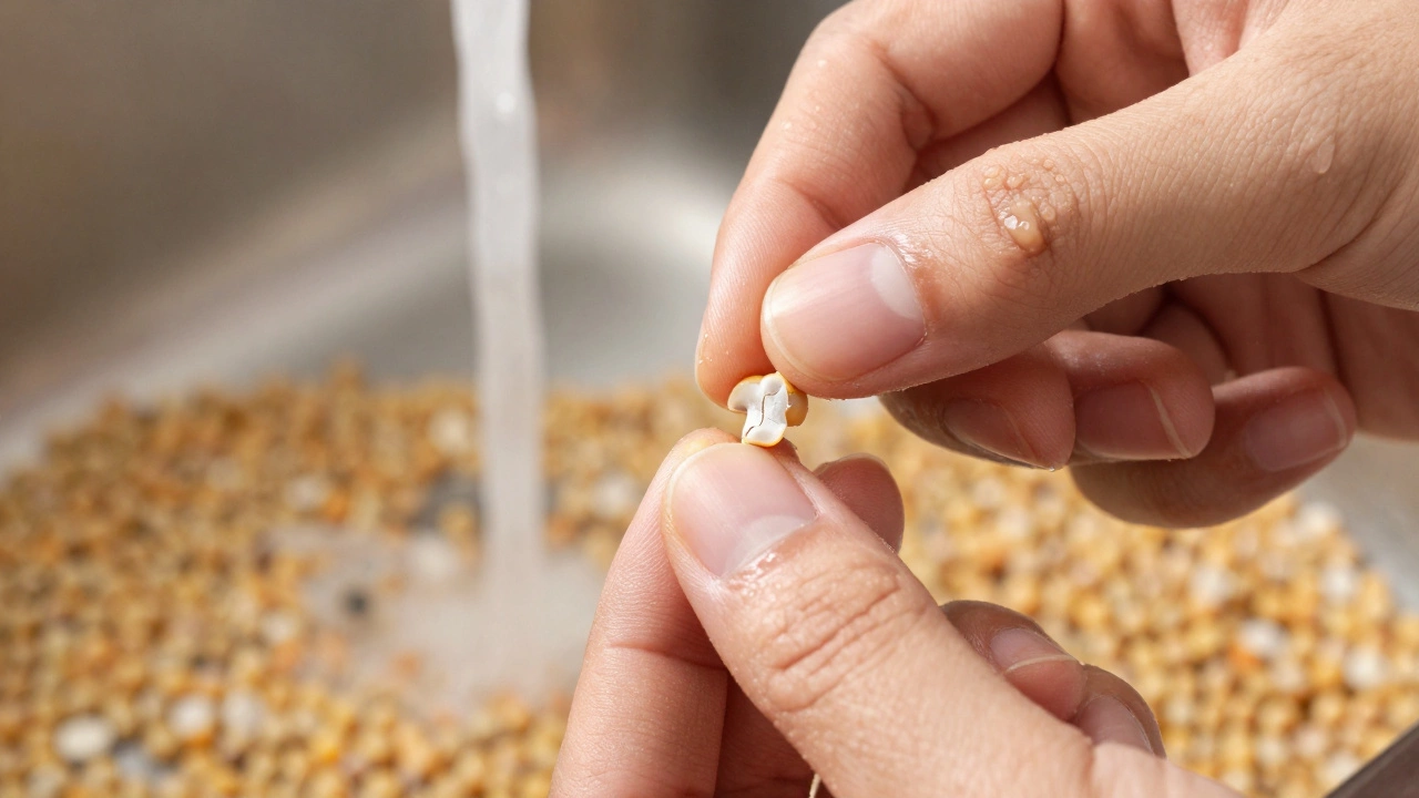 Finger squeezing soaked lentil to check texture