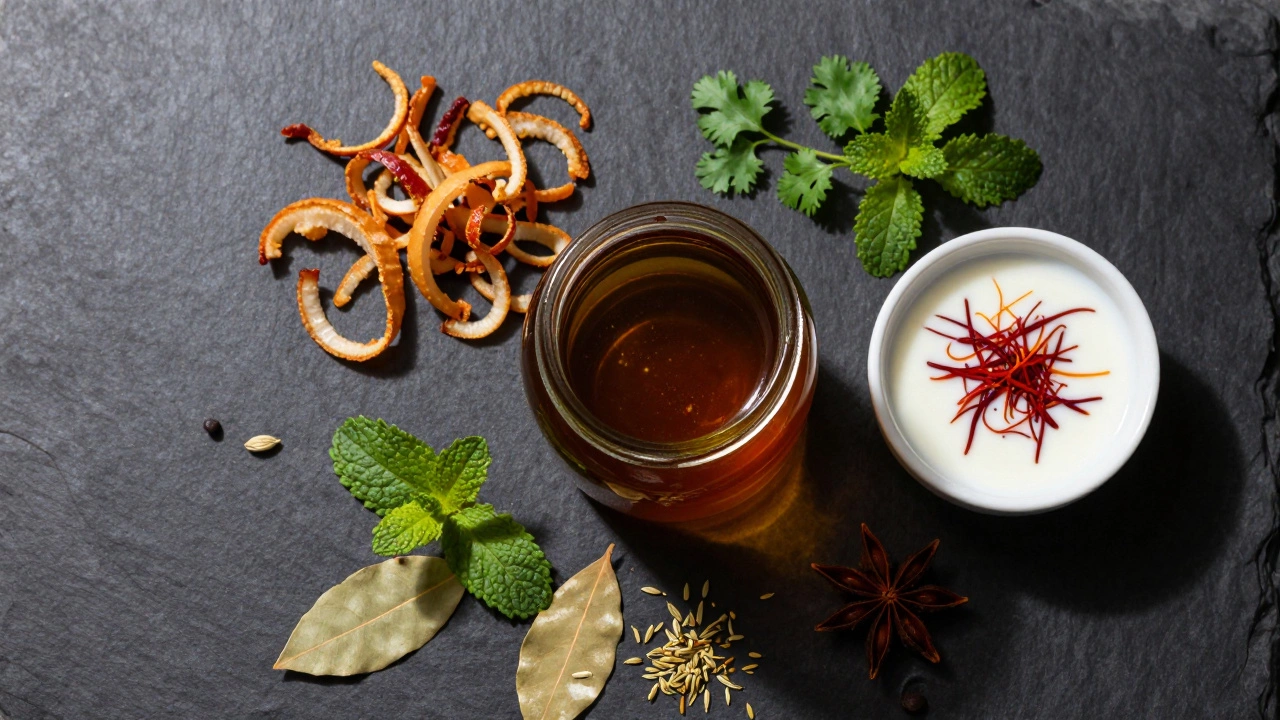 Glass jar of biryani oil surrounded by fried onions and saffron