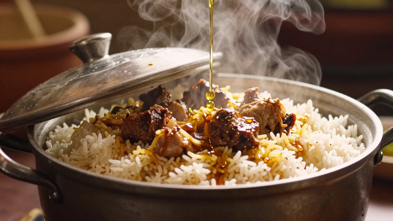 Hot spiced oil being drizzled over layered biryani rice