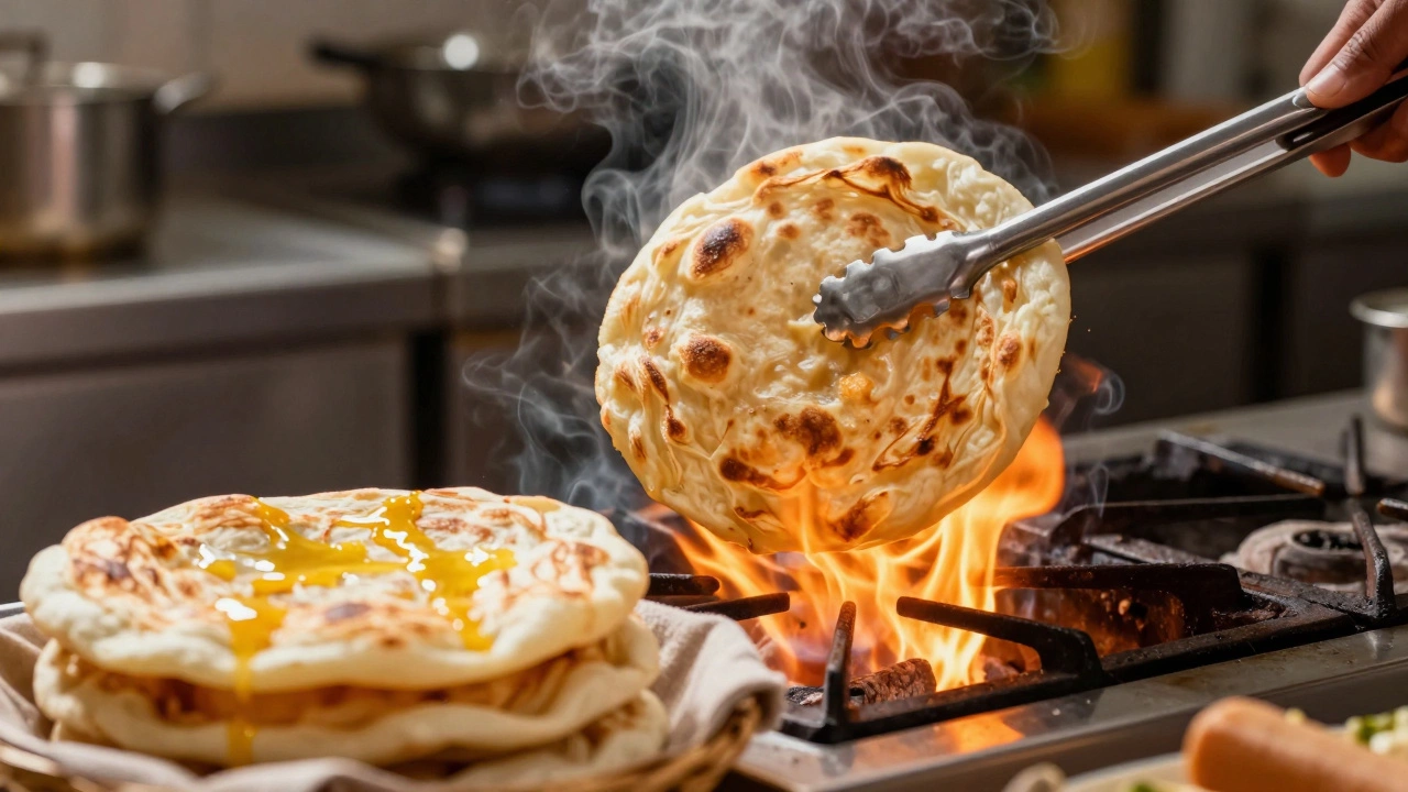 Puffed roti cooking over an open gas flame with tongs