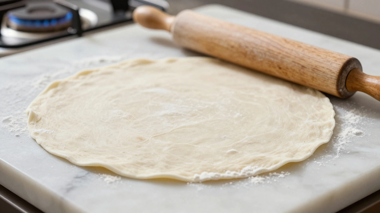 Thinly rolled raw roti dough on a marble board with rolling pin