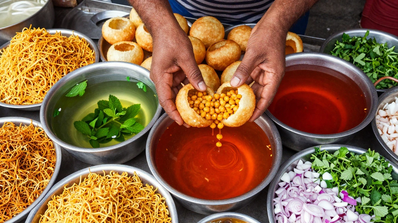Vendor preparing Pani Puri with spiced water and fillings