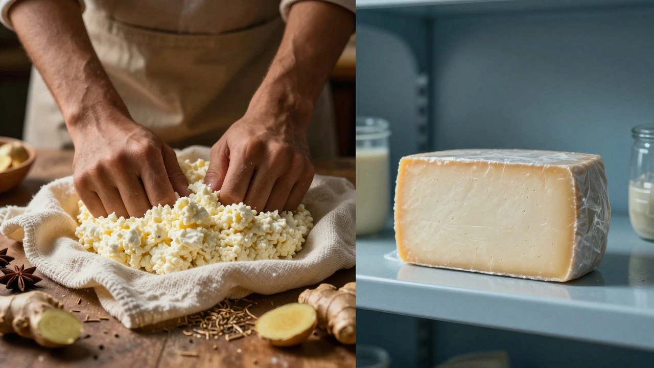 Contrast between fresh homemade paneer preparation and packaged store-bought cheese.