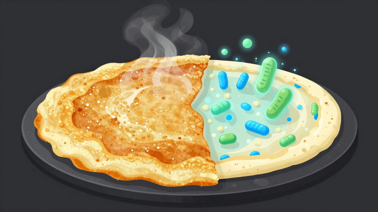 Cross-section of dosa showing fermentation benefits at molecular level