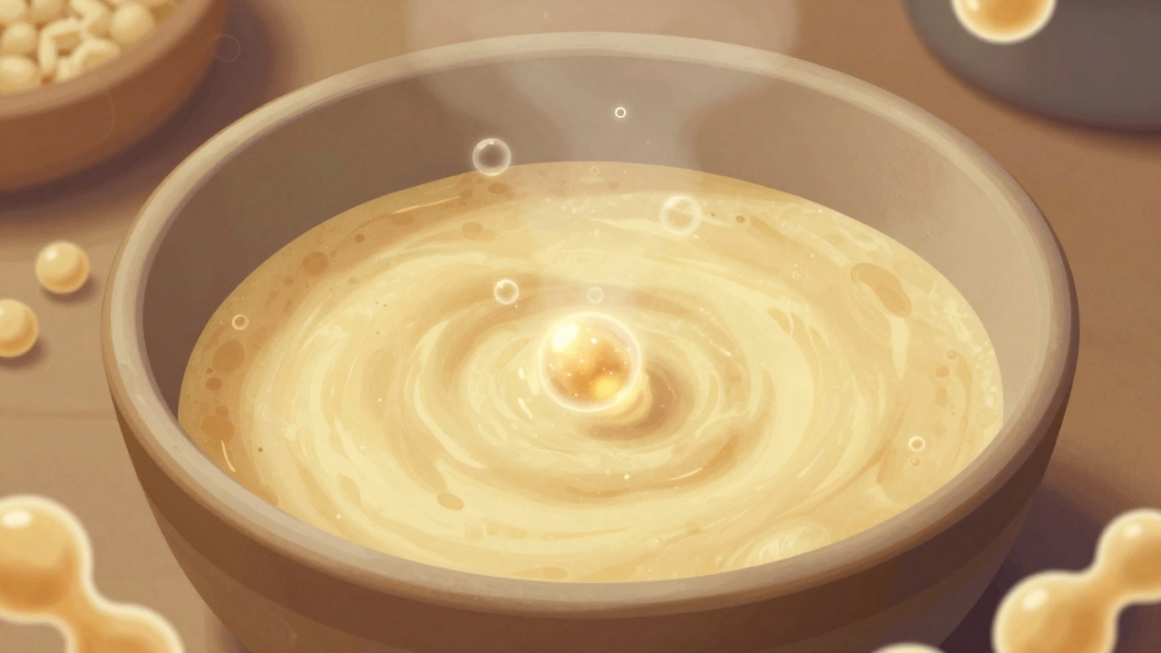 Fermenting dosa batter with visible air bubbles in a ceramic bowl