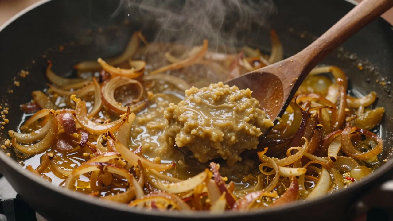 Ginger-garlic paste sizzling in oil with fried onions in a pan